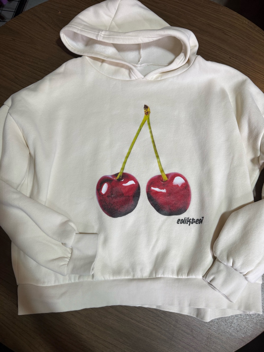 Edikted Cherry Graphic Hoodie Cream Oversized Sweatshirt Size Small